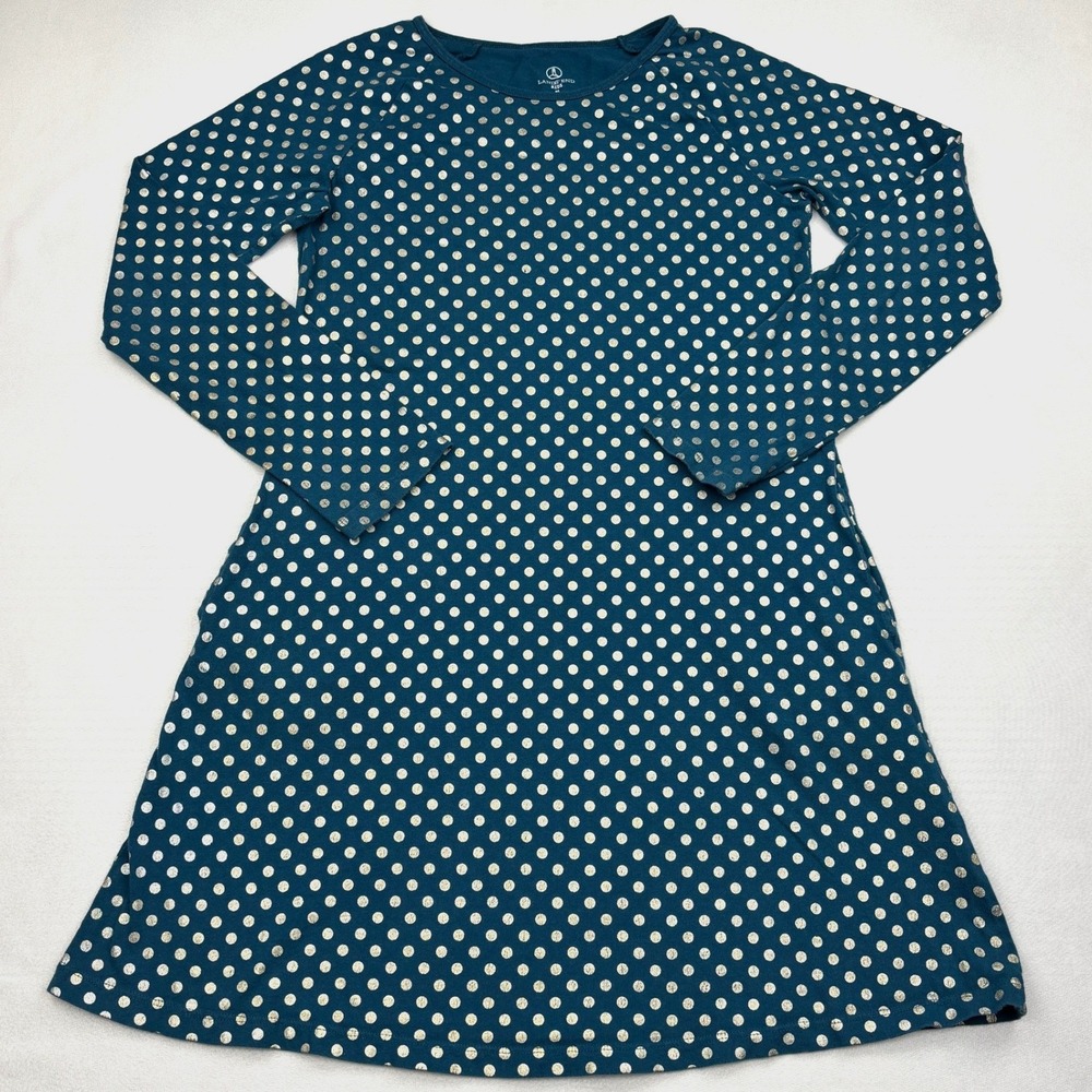 Lands End Girls Medium 10 12 Teal Blue Metallic Gold Polka Dot Long Sleeve Dress